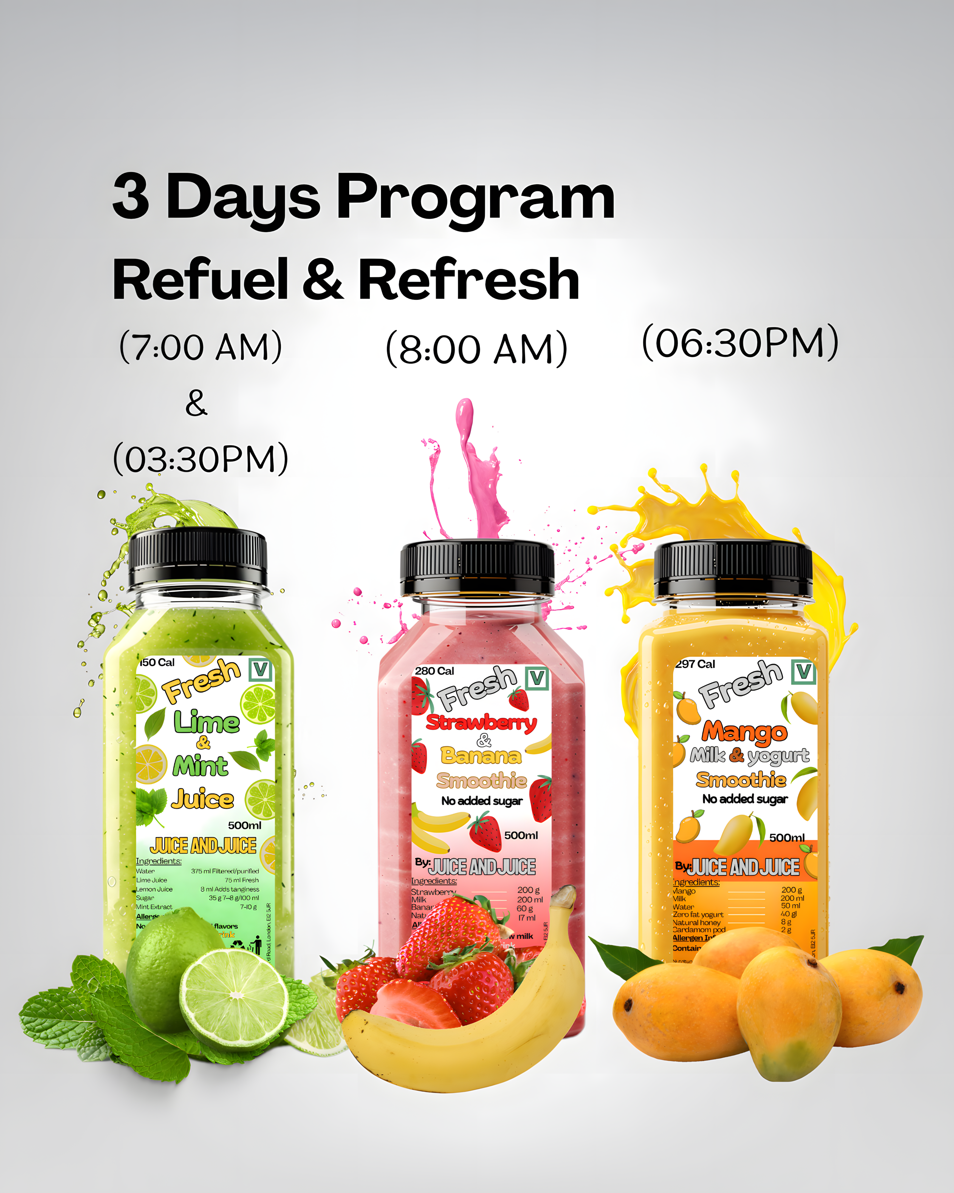 3 days Plan (Refuel & Refresh for Adults) 12 Bottles total, 4 a day for 3 days (2 x lime and mint, 1 x strawberry, 1x Mango)