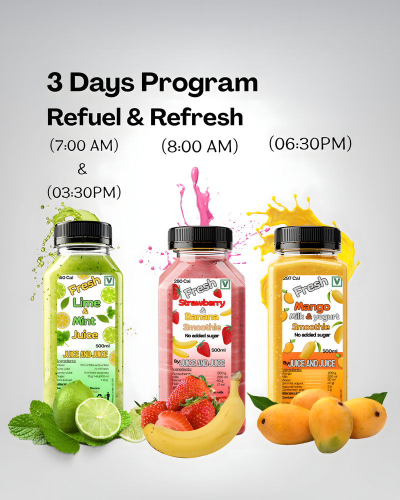3 days Plan (Refuel & Refresh for Adults) 12 Bottles total, 4 a day for 3 days (2 x lime and mint, 1 x strawberry, 1x Mango)