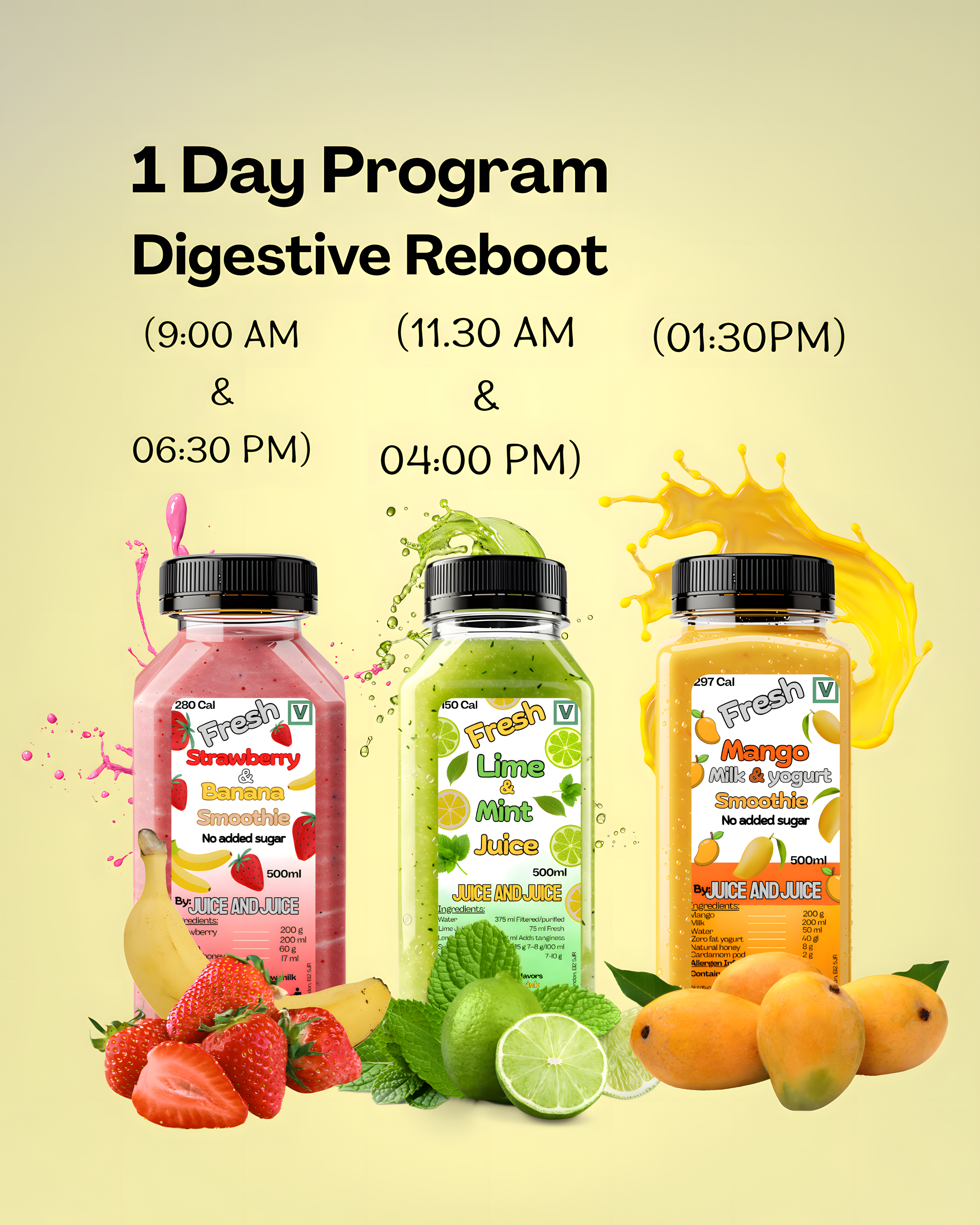1 day Plan (Digestive Reboot for Healthy Adults) 6 Bottles total (2 x lime and mint, 2 x strawberry, 2 x Mango)