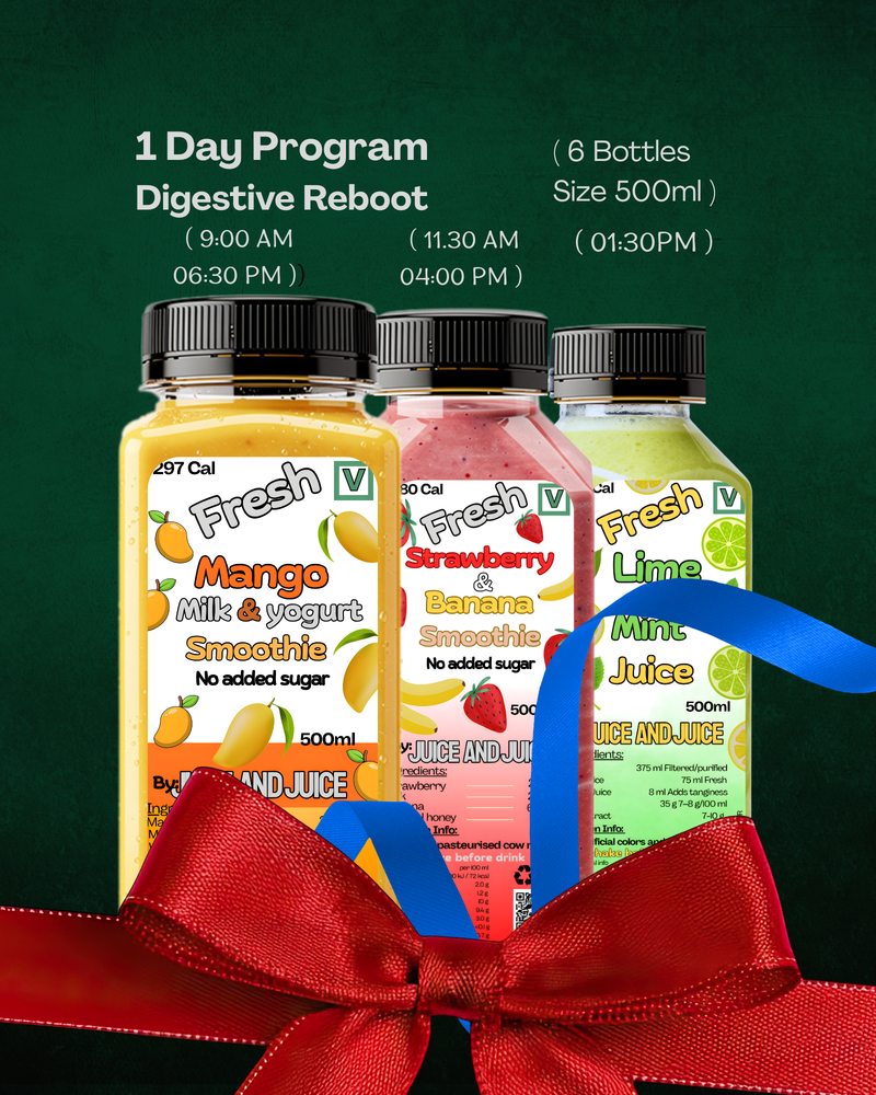 1 day Plan (Digestive Reboot for Healthy Adults) 6 Bottles total (2 x lime and mint, 2 x strawberry, 2 x Mango)