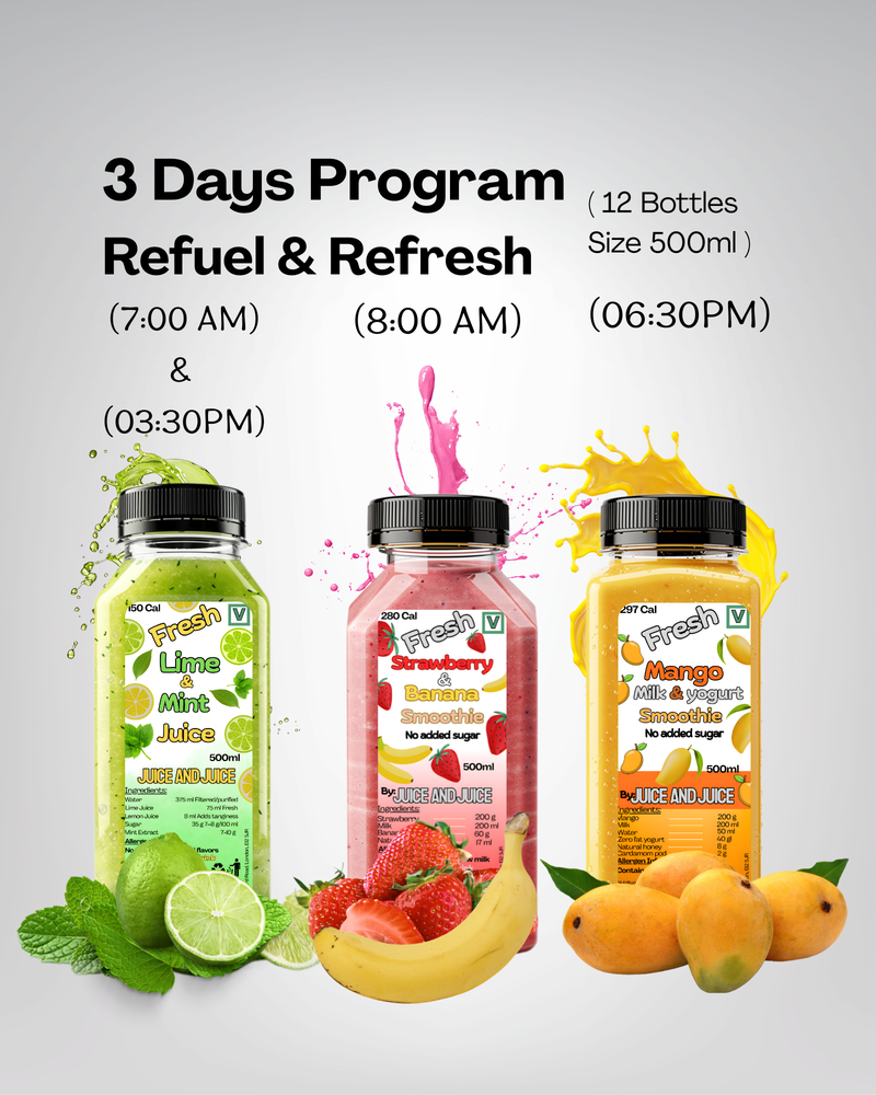 3 days Plan (Refuel & Refresh for Adults) 12 Bottles total, 4 a day for 3 days (2 x lime and mint, 1 x strawberry, 1x Mango)
