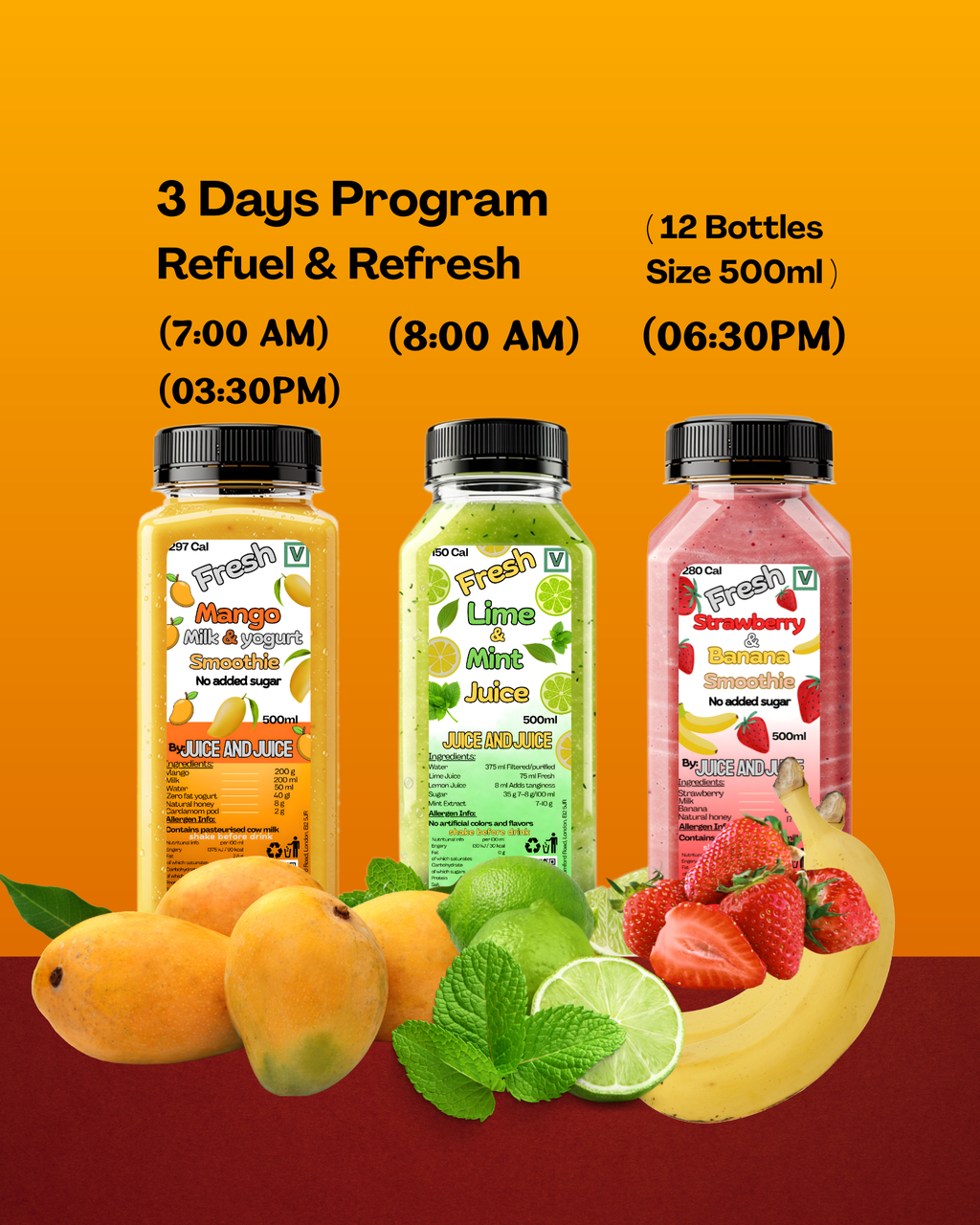 3 days Plan (Refuel & Refresh for Adults) 12 Bottles total, 4 a day for 3 days (2 x lime and mint, 1 x strawberry, 1x Mango)