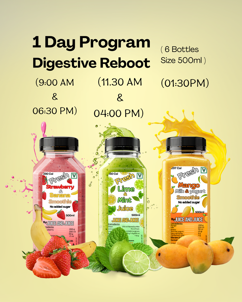 1 day Plan (Digestive Reboot for Healthy Adults) 6 Bottles total (2 x lime and mint, 2 x strawberry, 2 x Mango)