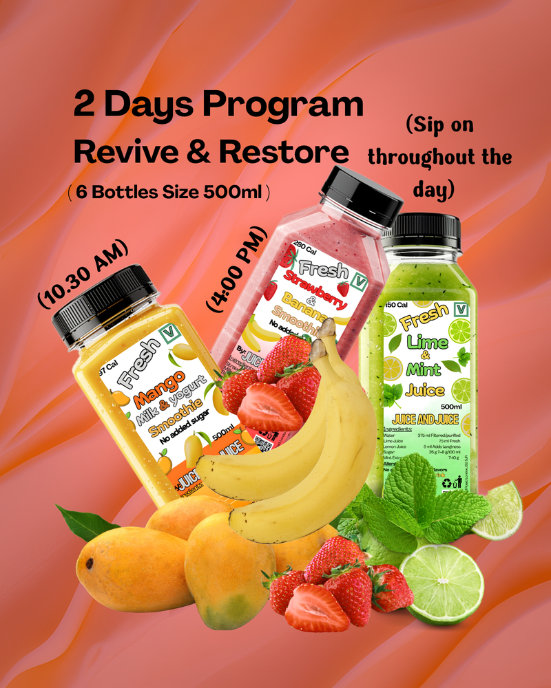 2 Days Plan (revive and Restore Supplement) For those with Low Appetite, 6 Bottles total, 3 a day (2 x lime and mint, 2 x strawberry, 2 x Mango)